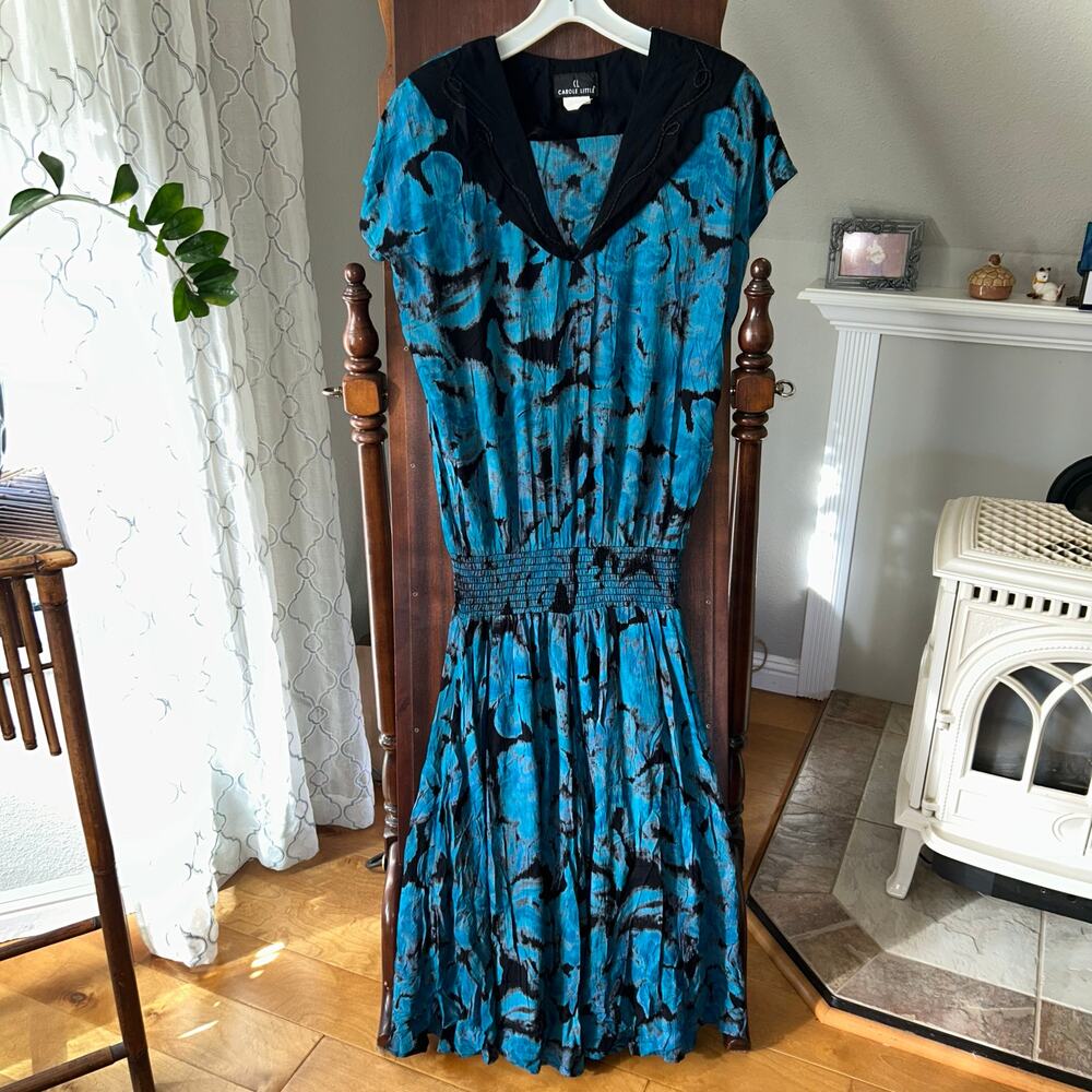 Carole Little blue black abstract midi dress drop waist 80’s floral size 6